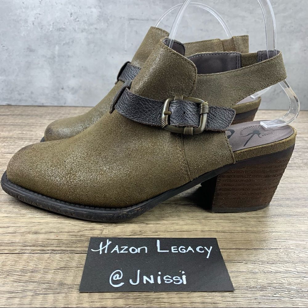 OTBT~Women’s~”Des Peres”~Open Back Bootie Leather~Olive Green~Ankle Strap~Size 8